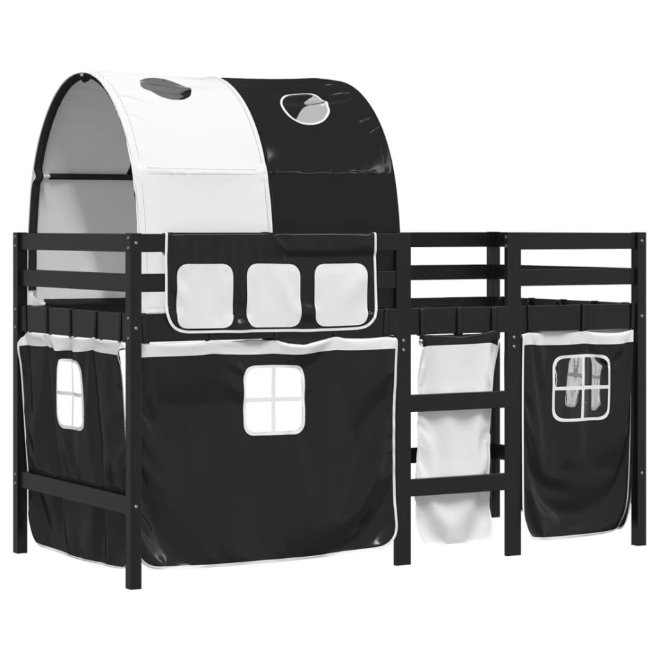 Cama alta niños con túnel madera pino blanco negro 90x200