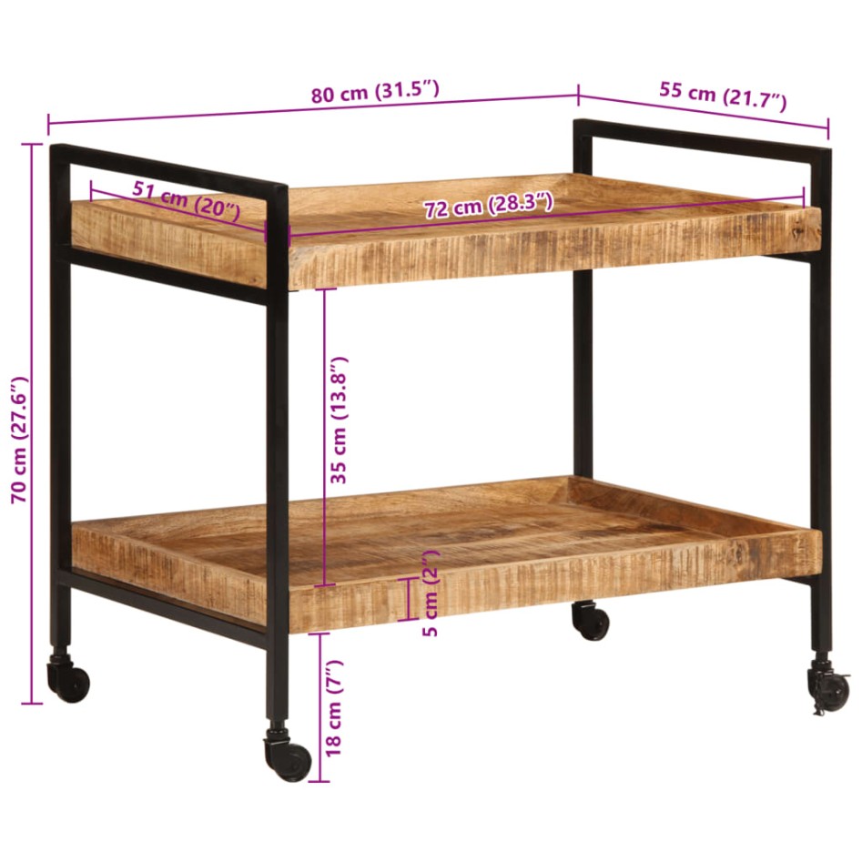 Carrito de cocina madera maciza de mango rugosa 80x55x70
