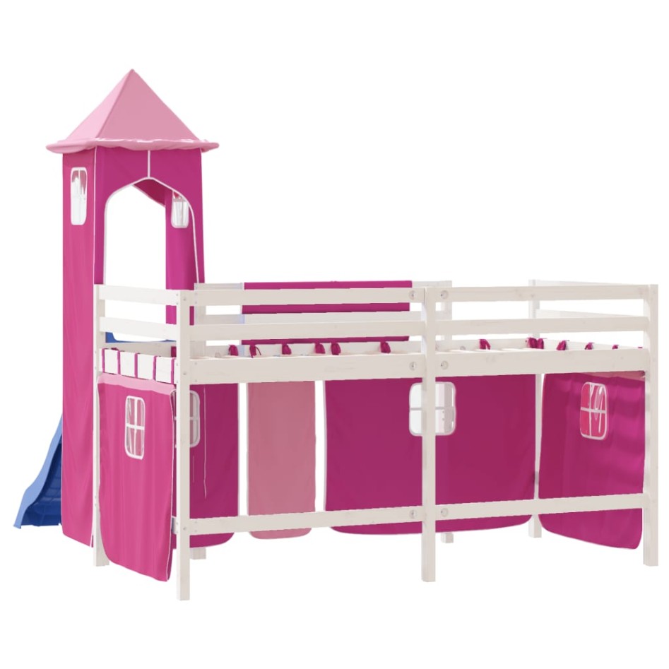 Cama alta para niños con torre madera pino rosa 90x200