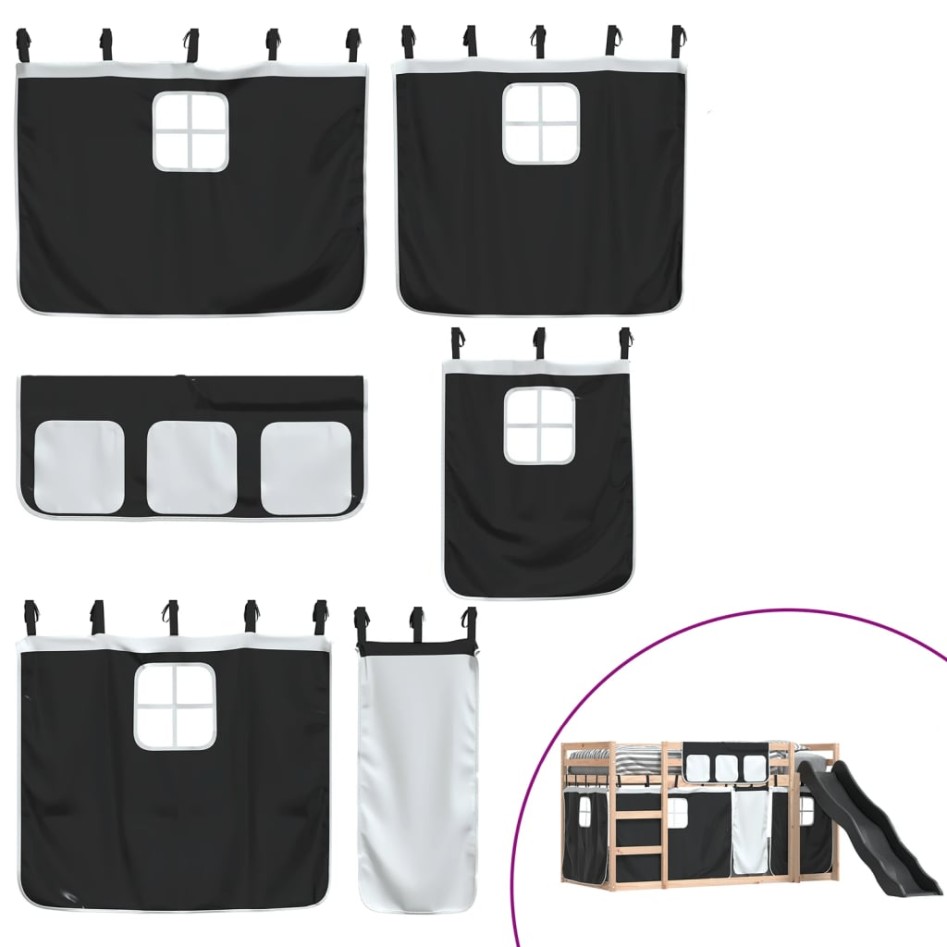 Litera con tobogán y cortinas blanco y negro 90x200