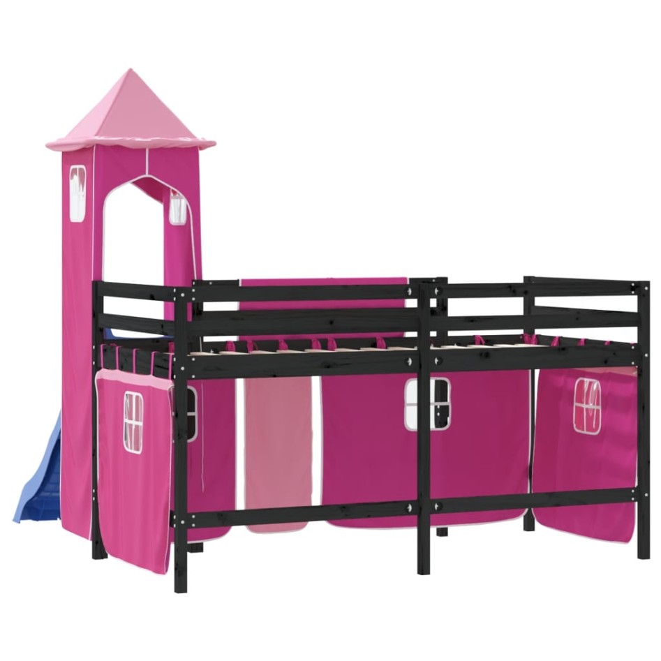 Cama alta para niños con torre madera pino rosa 90x200