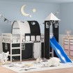Cama alta niños con torre madera pino blanco negro 90x190 cm