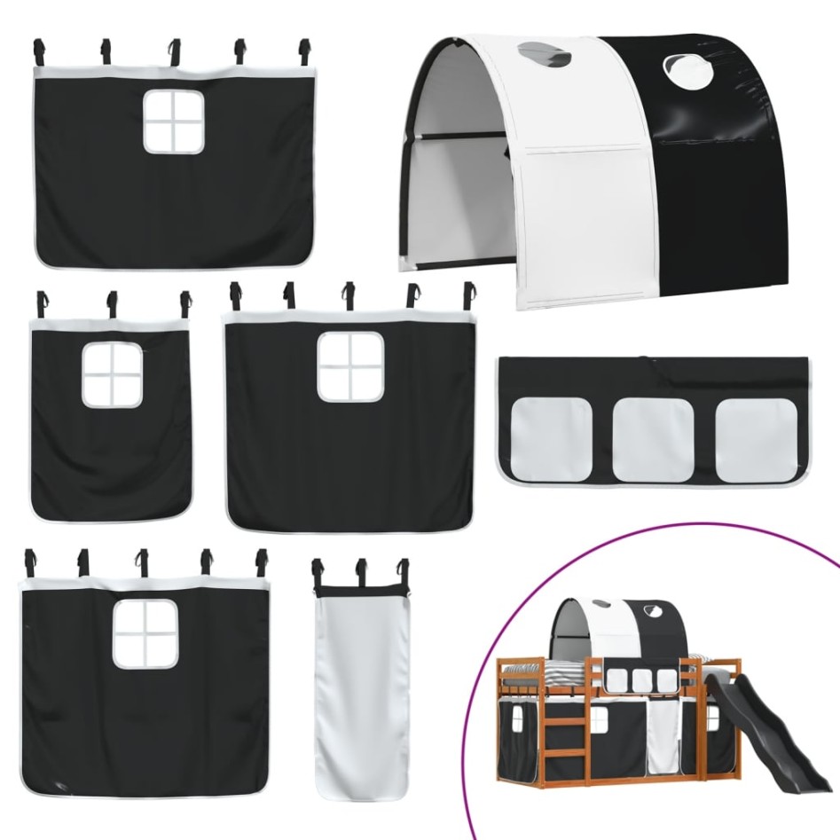 Litera con tobogán y cortinas blanco y negro 90x190