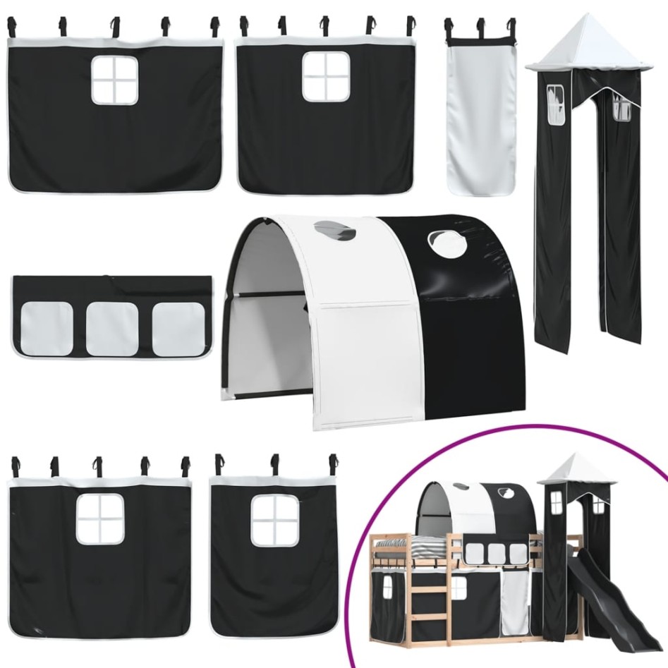 Litera con tobogán y cortinas blanco y negro 90x190