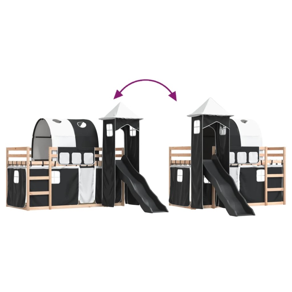 Litera con tobogán y cortinas blanco y negro 90x190