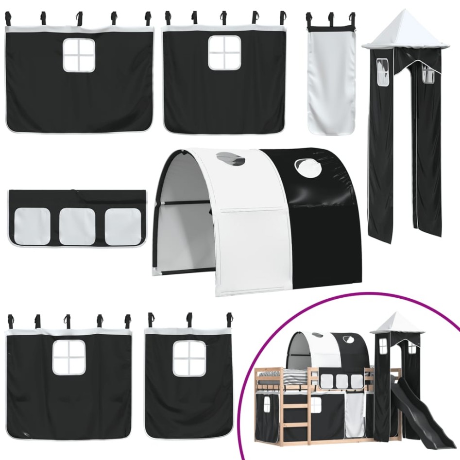 Litera con tobogán y cortinas blanco y negro 80x200