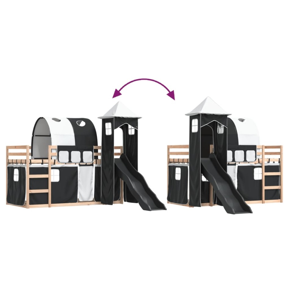 Litera con tobogán y cortinas blanco y negro 80x200