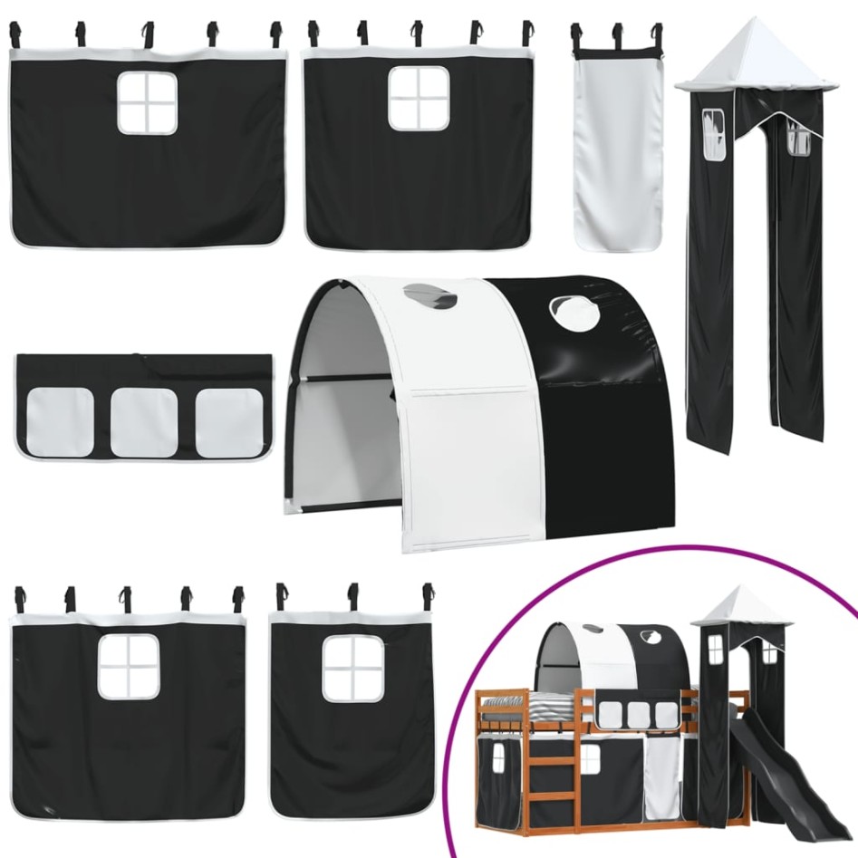 Litera con tobogán y cortinas blanco y negro 90x190