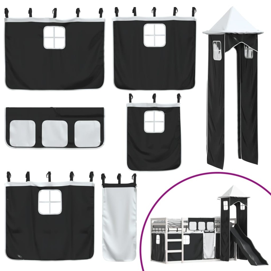 Litera con tobogán y cortinas blanco y negro 90x200