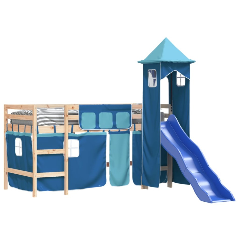 Cama alta para niños con torre madera pino azul 90x190