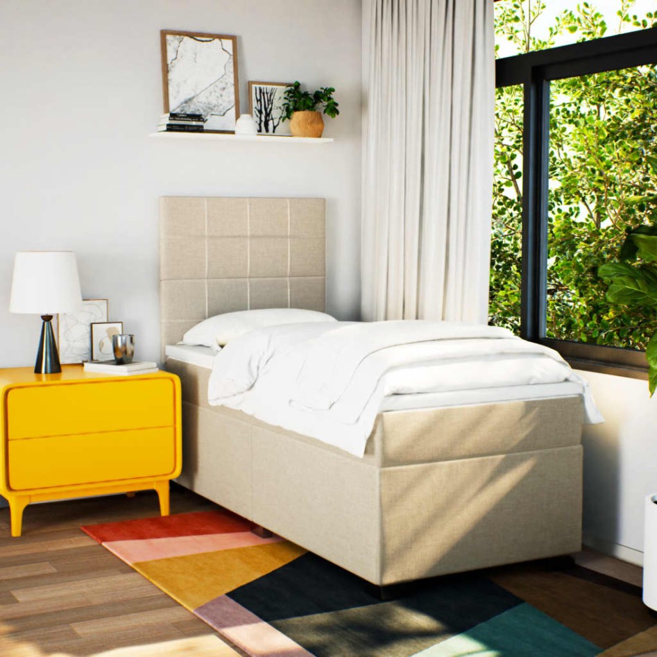 Cama box spring con colchón tela color crema 90x200