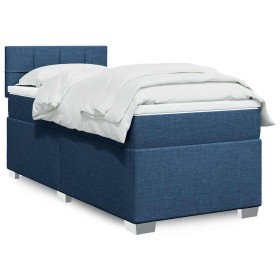 Cama box spring con colchón tela azul 80x200
