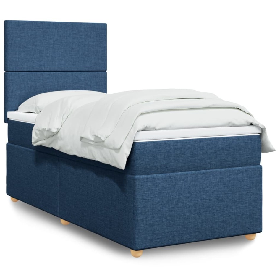 Cama box spring con colchón tela azul 80x200
