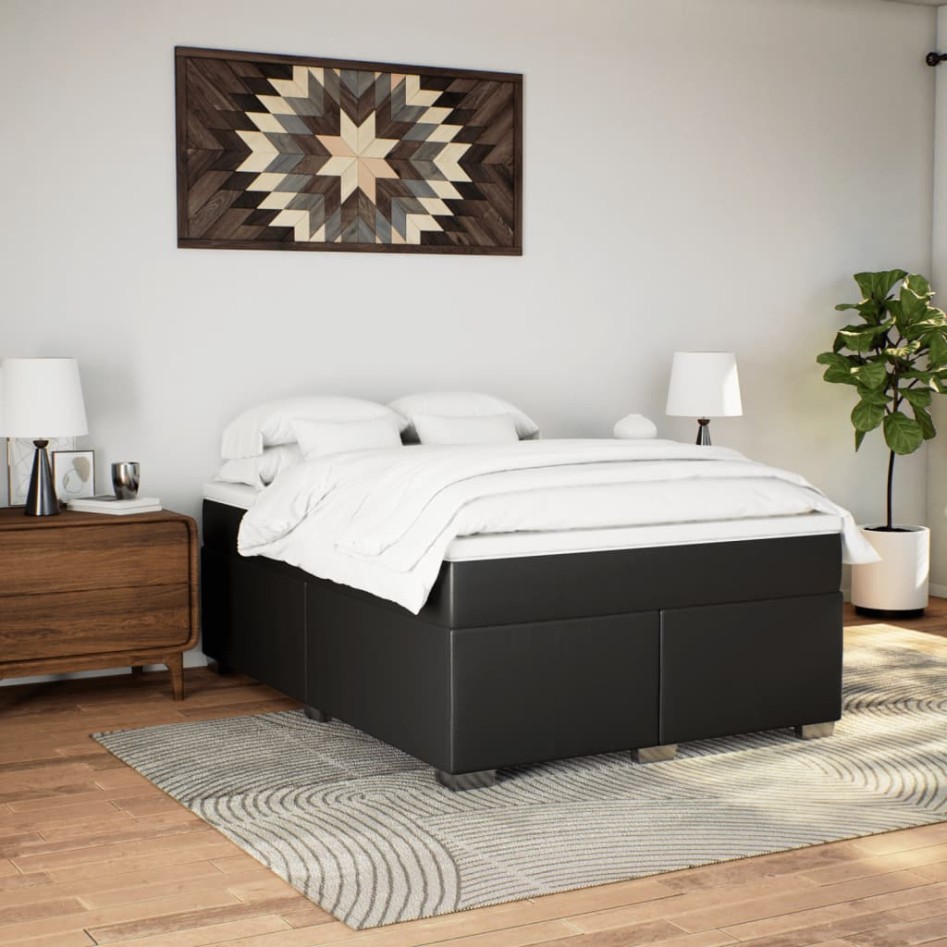 Cama box spring con colchón cuero sintético negro