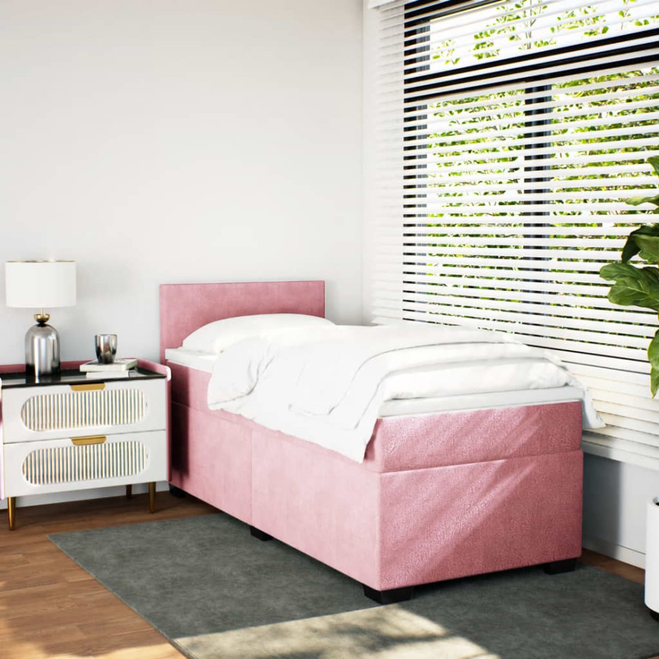 Cama box spring con colchón terciopelo rosa 100x200