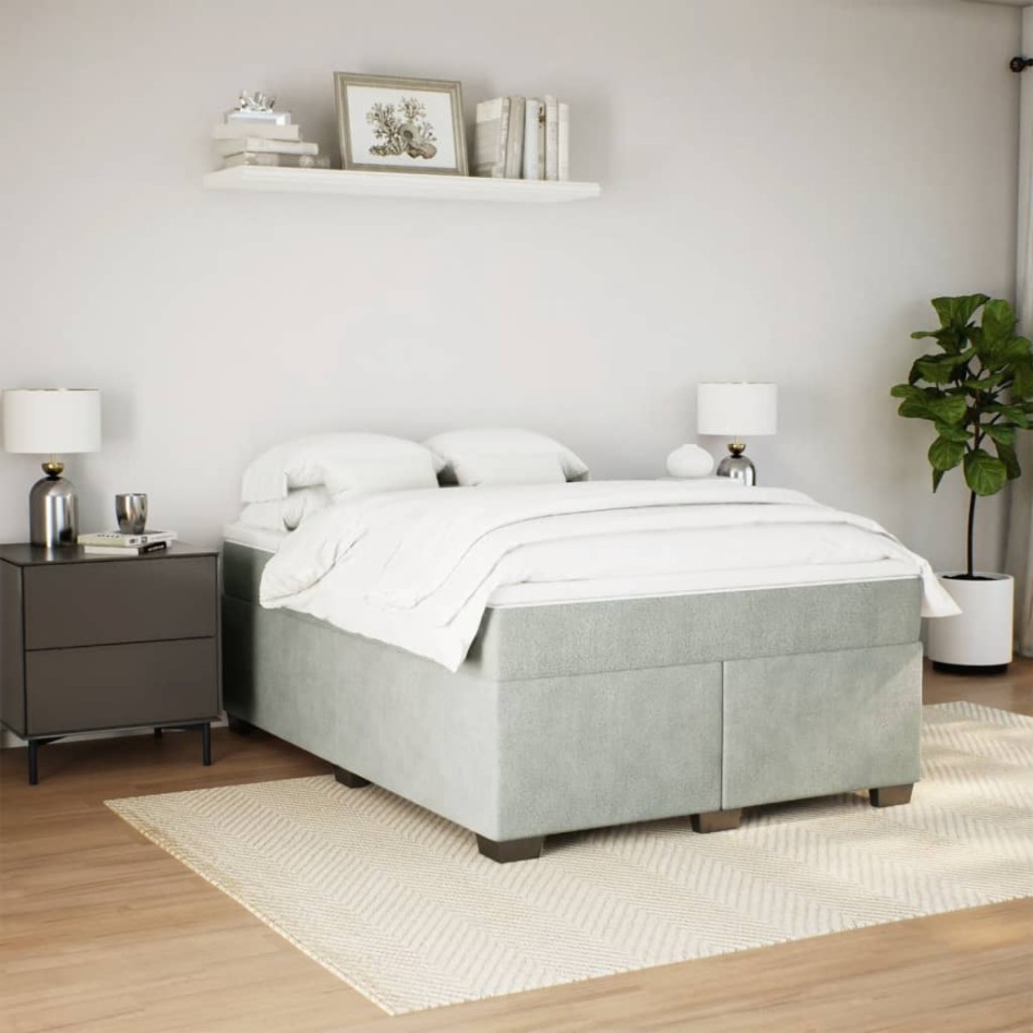 Cama box spring con colchón terciopelo gris claro 140x200
