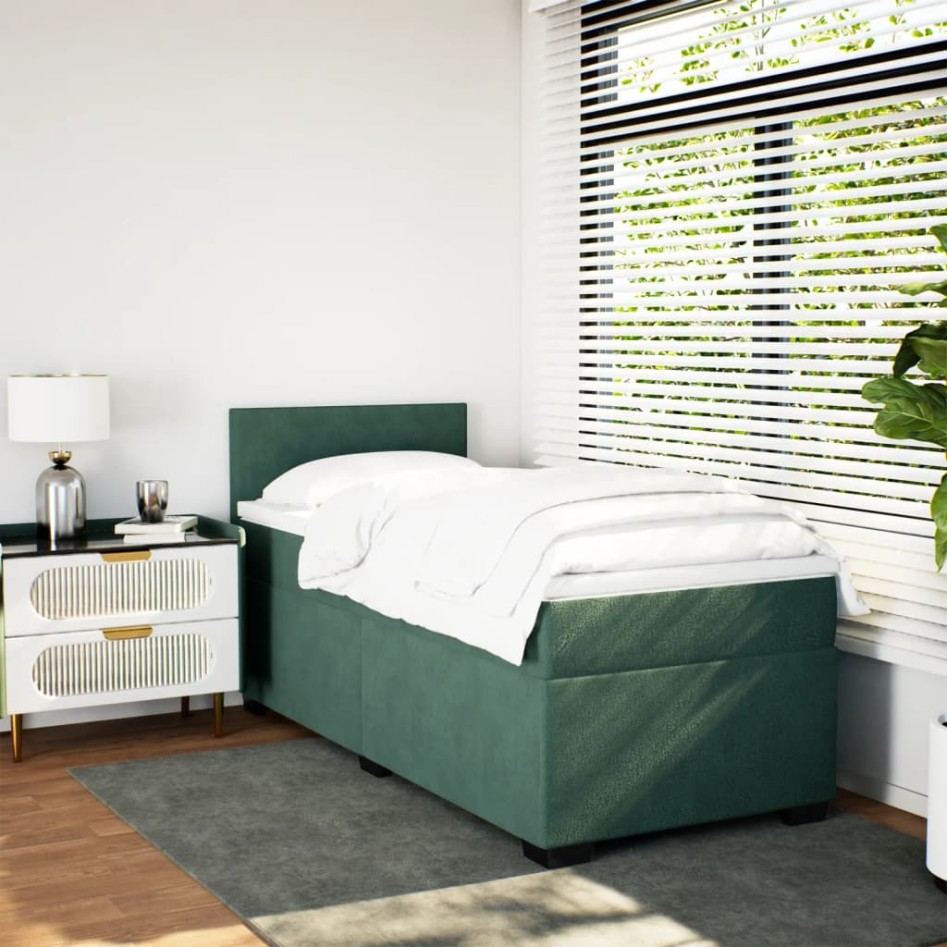 Cama box spring con colchón terciopelo verde oscuro 90x200