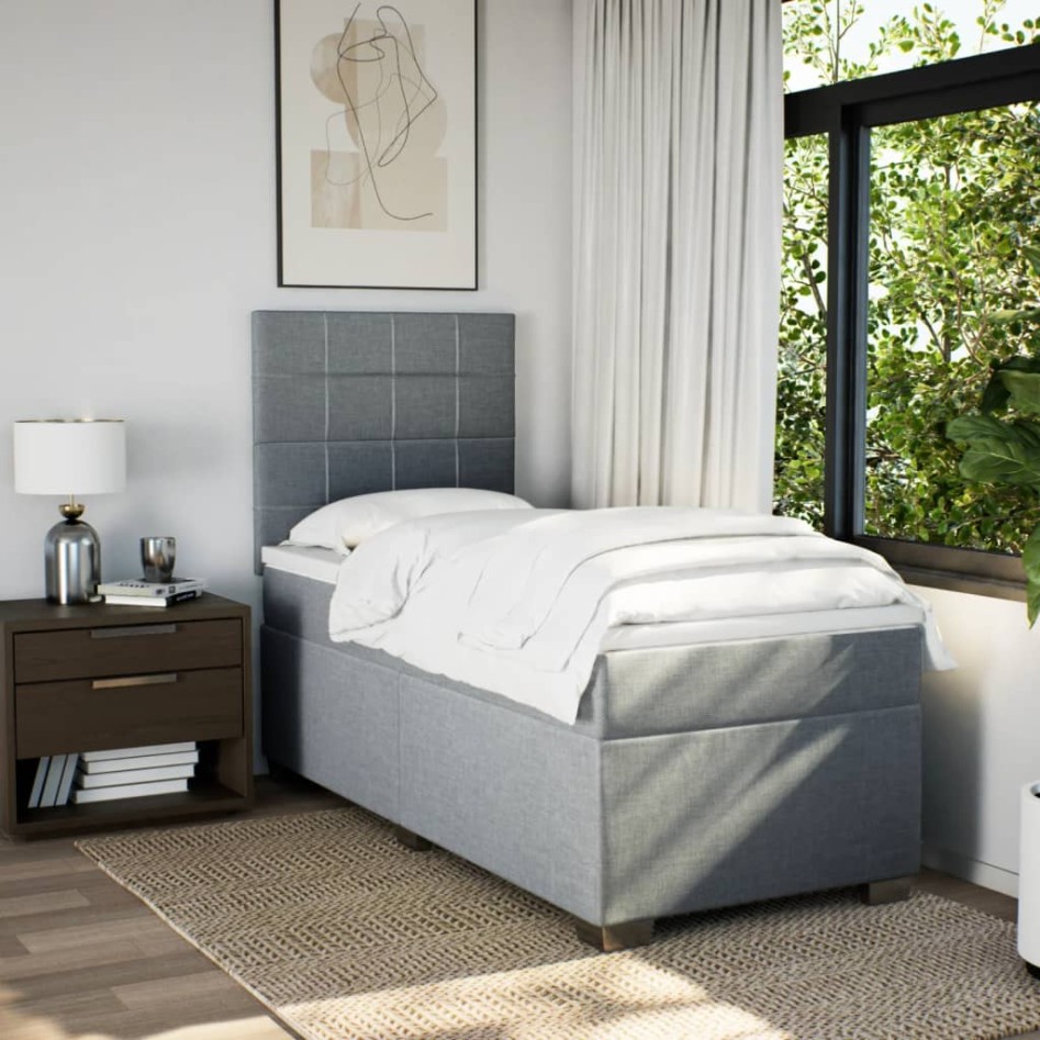Cama box spring con colchón tela gris claro 90x190