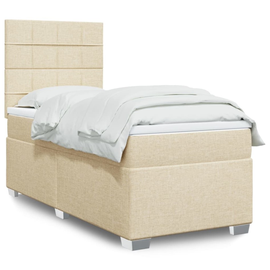Cama box spring con colchón tela color crema 90x200
