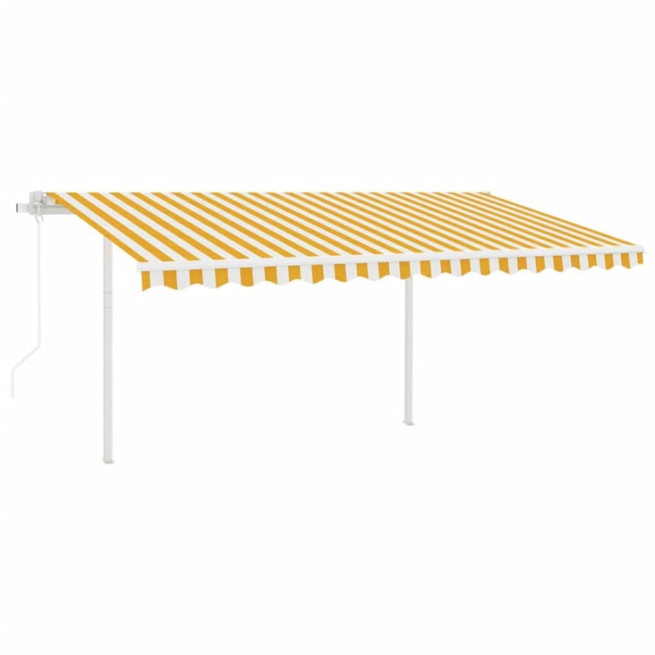 Toldo retráctil automático con postes amarillo y blanco 4,5x3