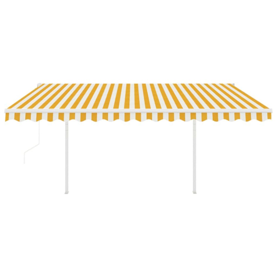 Toldo retráctil automático con postes amarillo y blanco 4,5x3