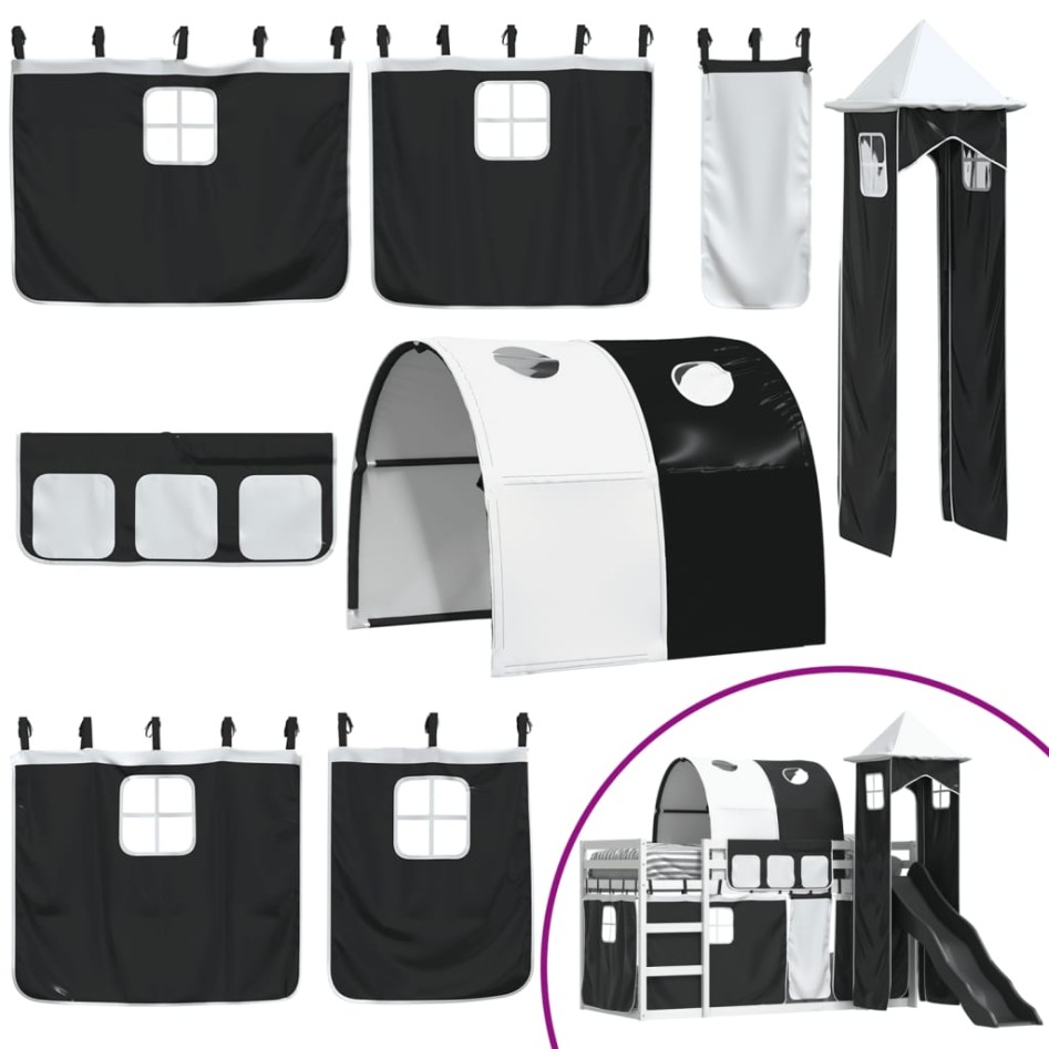 Litera con tobogán y cortinas blanco y negro 90x200