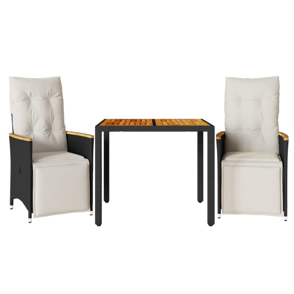 Mesita y sillas jardín 3 pzas y cojines ratán sintético