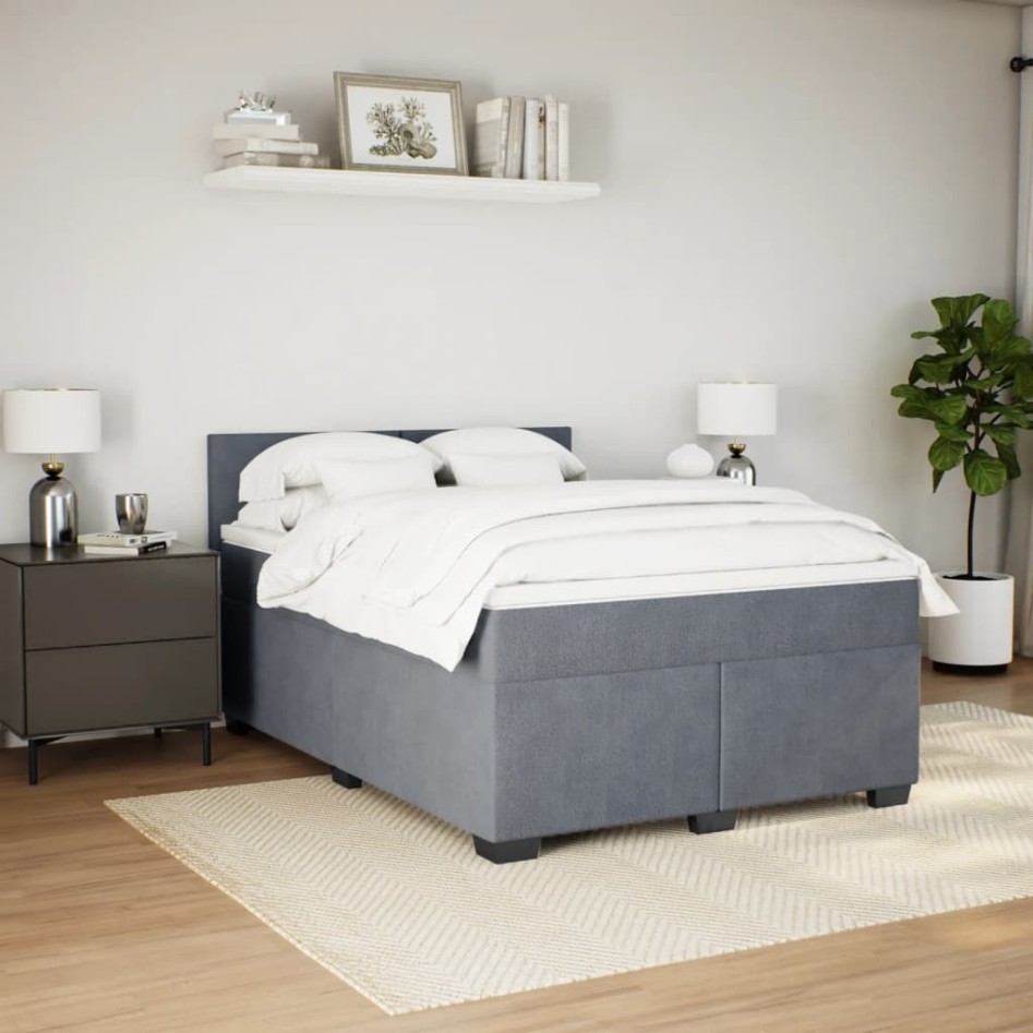 Cama box spring con colchón terciopelo gris oscuro 140x190