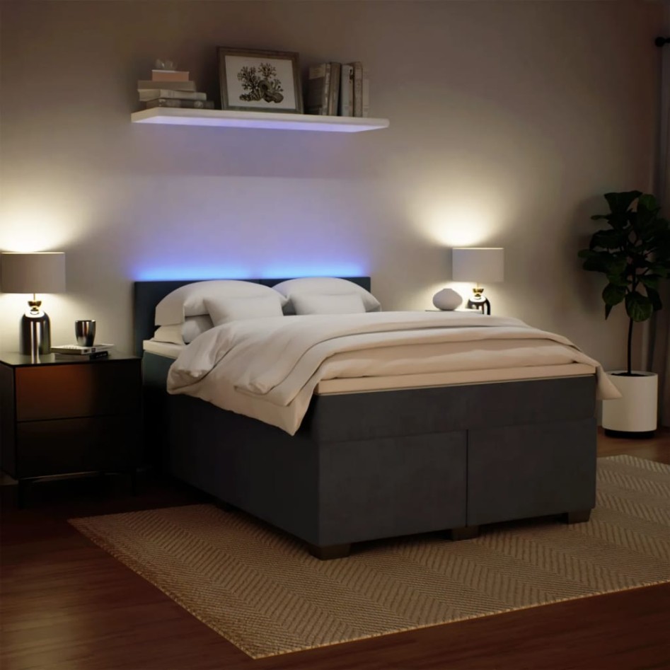 Cama box spring con colchón terciopelo gris oscuro 140x190