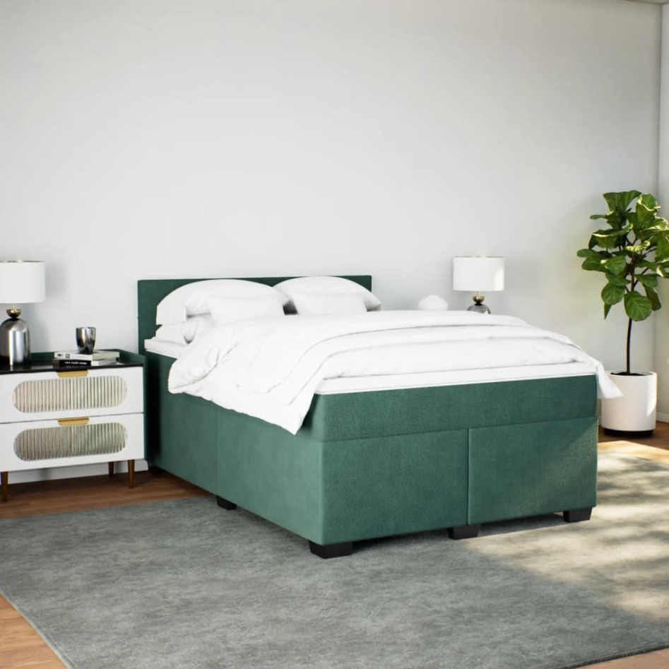 Cama box spring con colchón terciopelo verde oscuro 160x200