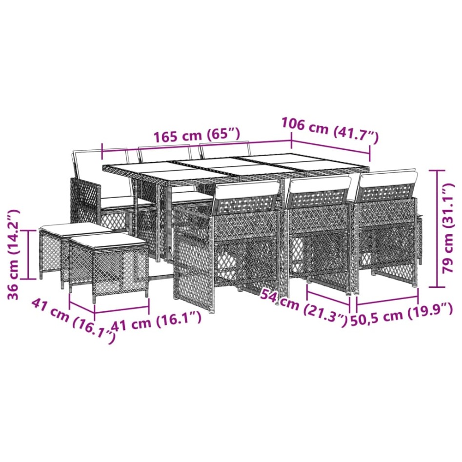 Set de comedor jardín 11 pzas con cojines ratán sintético