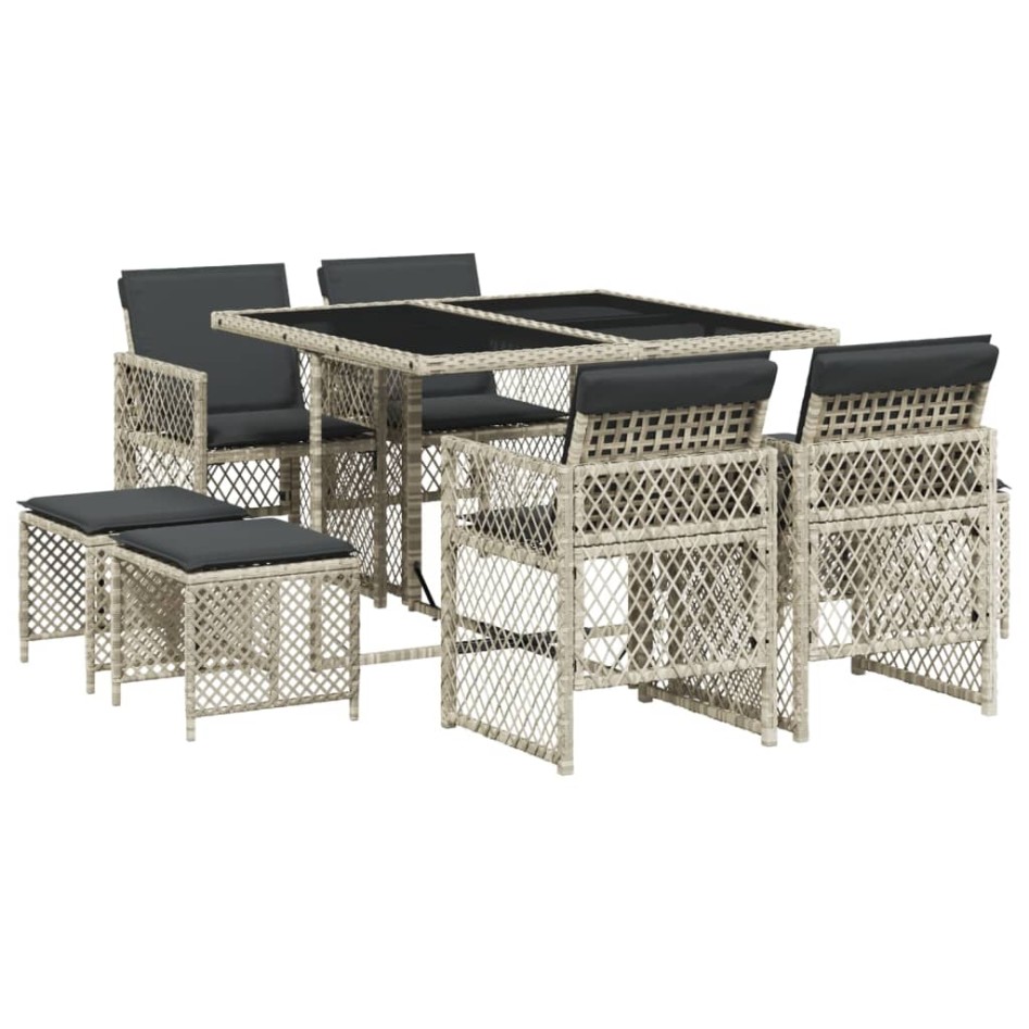 Set comedor de jardín 9 pzas cojines ratán sintético gris