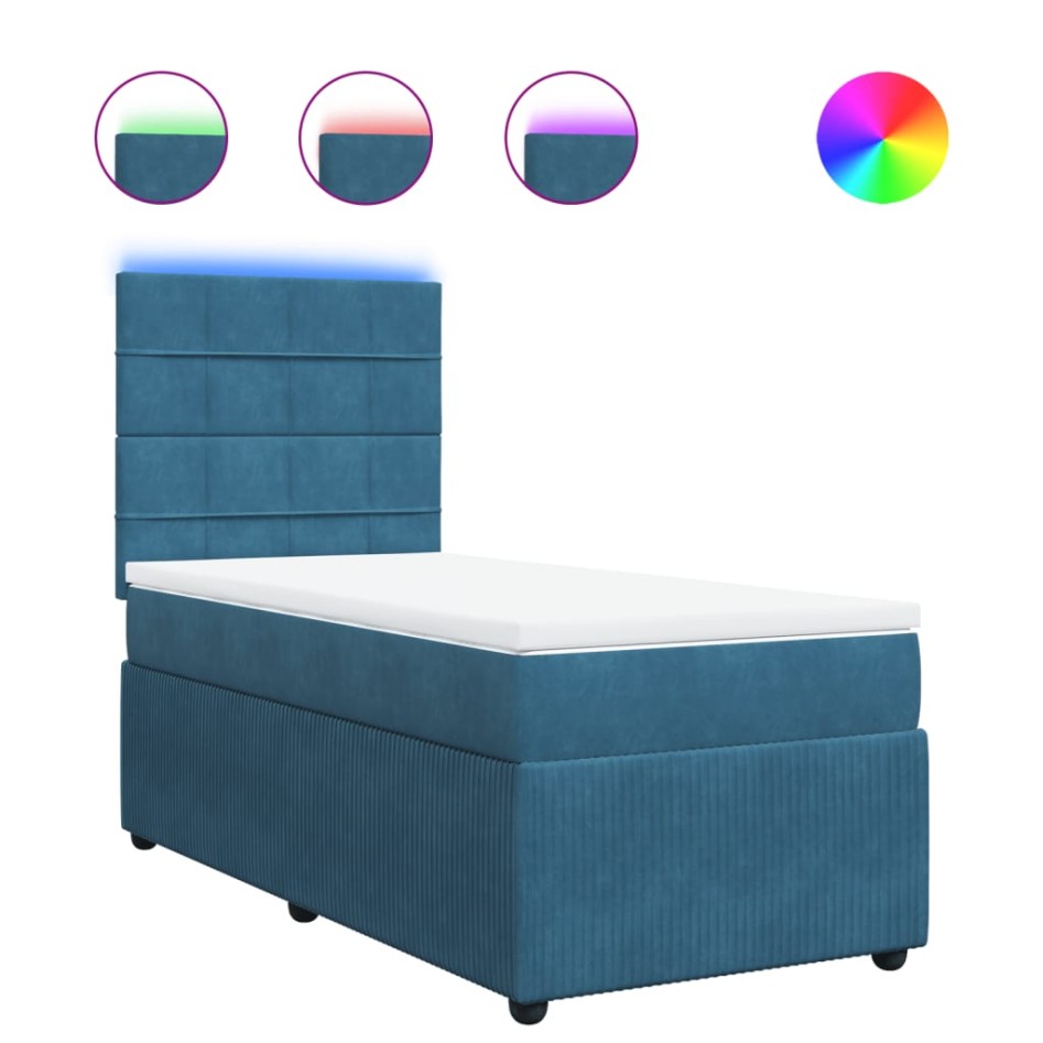 Cama box spring con colchón terciopelo azul oscuro 80x200