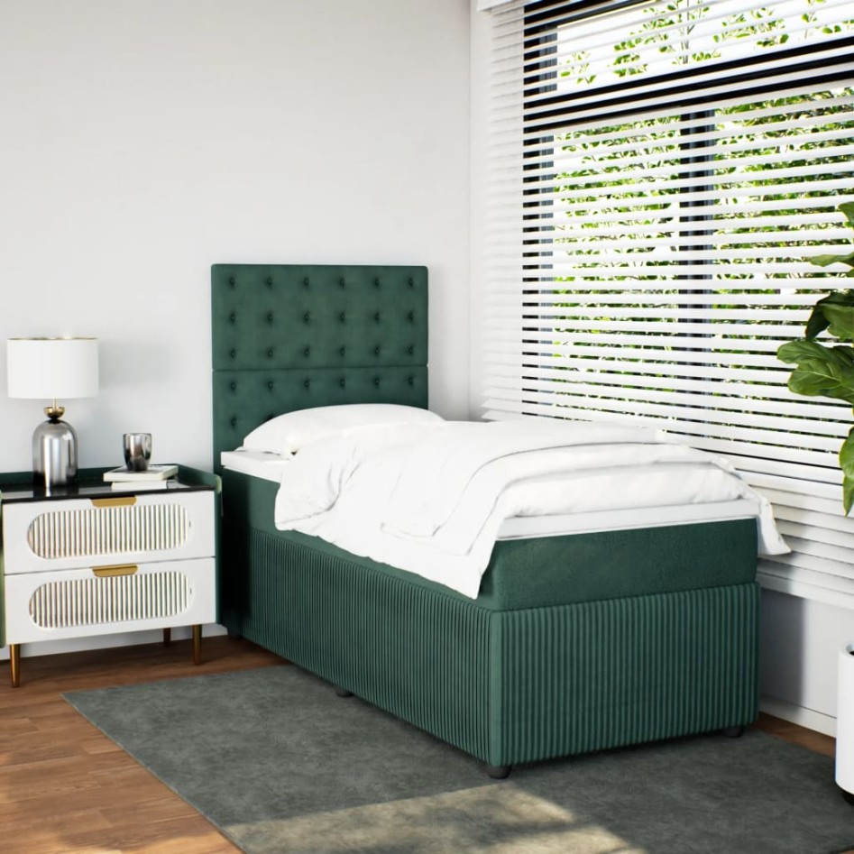 Cama box spring con colchón terciopelo verde oscuro 80x200