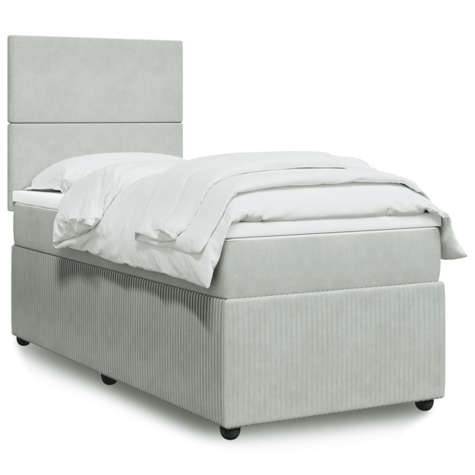 Cama box spring con colchón terciopelo gris claro 90x190