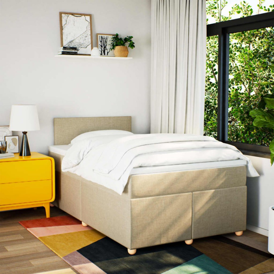 Cama box spring con colchón tela color crema 120x200