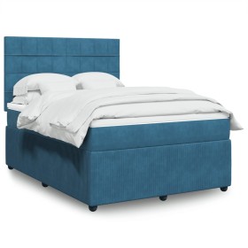 Cama box spring con colchón terciopelo azul 140x200