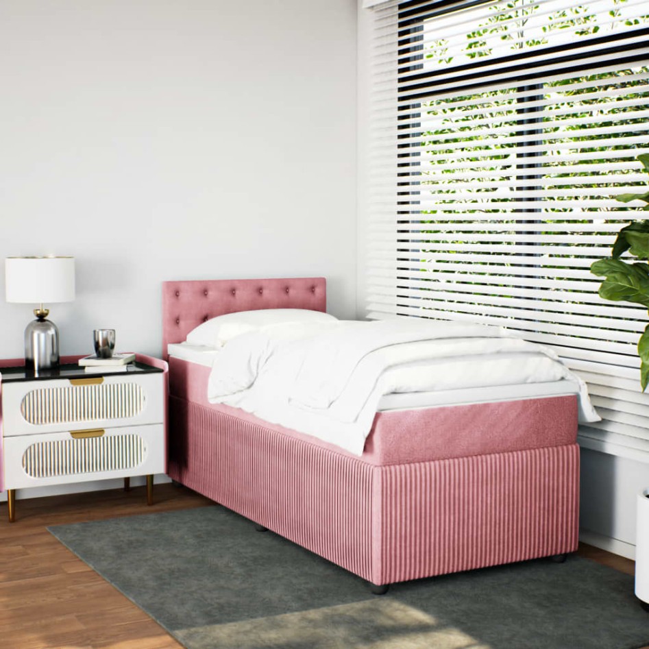 Cama box spring con colchón terciopelo rosa 90x200
