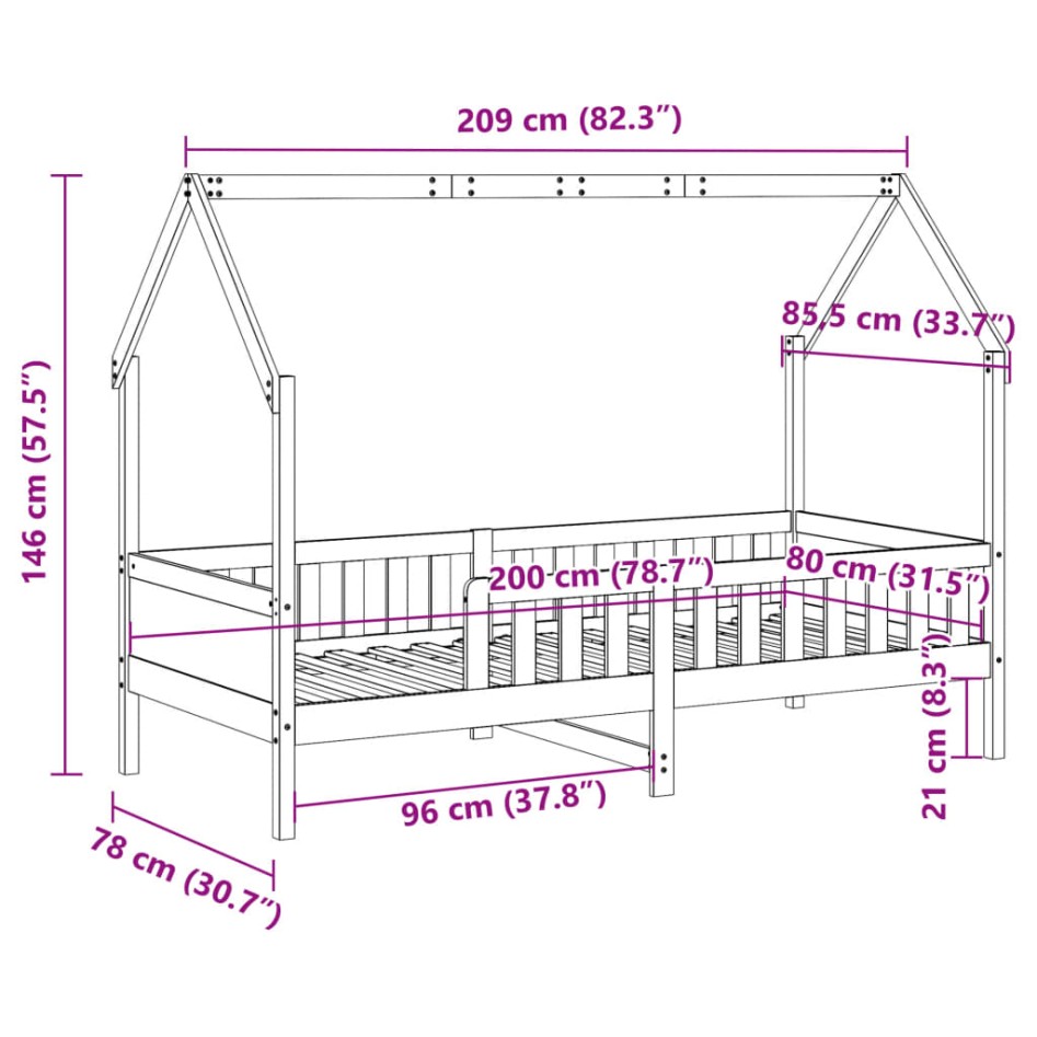 Cama con forma de casa de niños madera maciza blanca 80x200