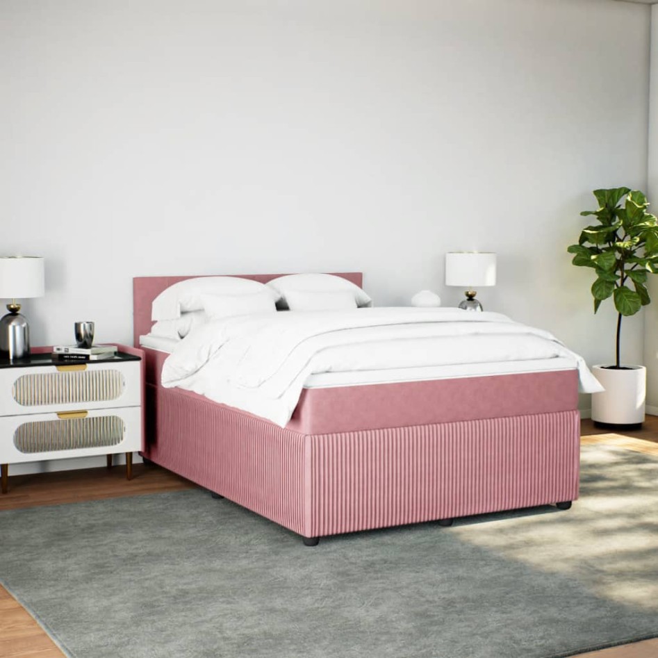 Cama box spring con colchón terciopelo rosa 140x190