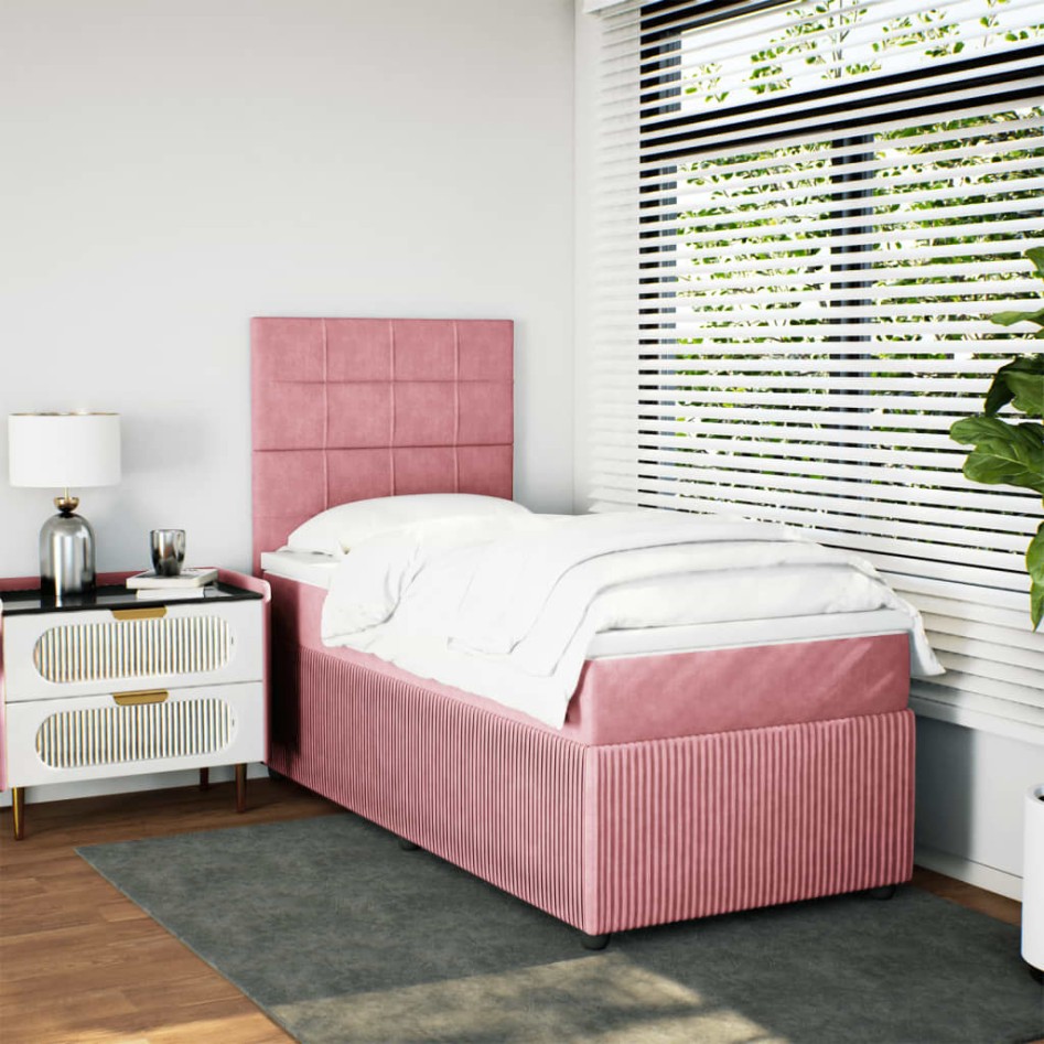 Cama box spring con colchón terciopelo rosa 90x200