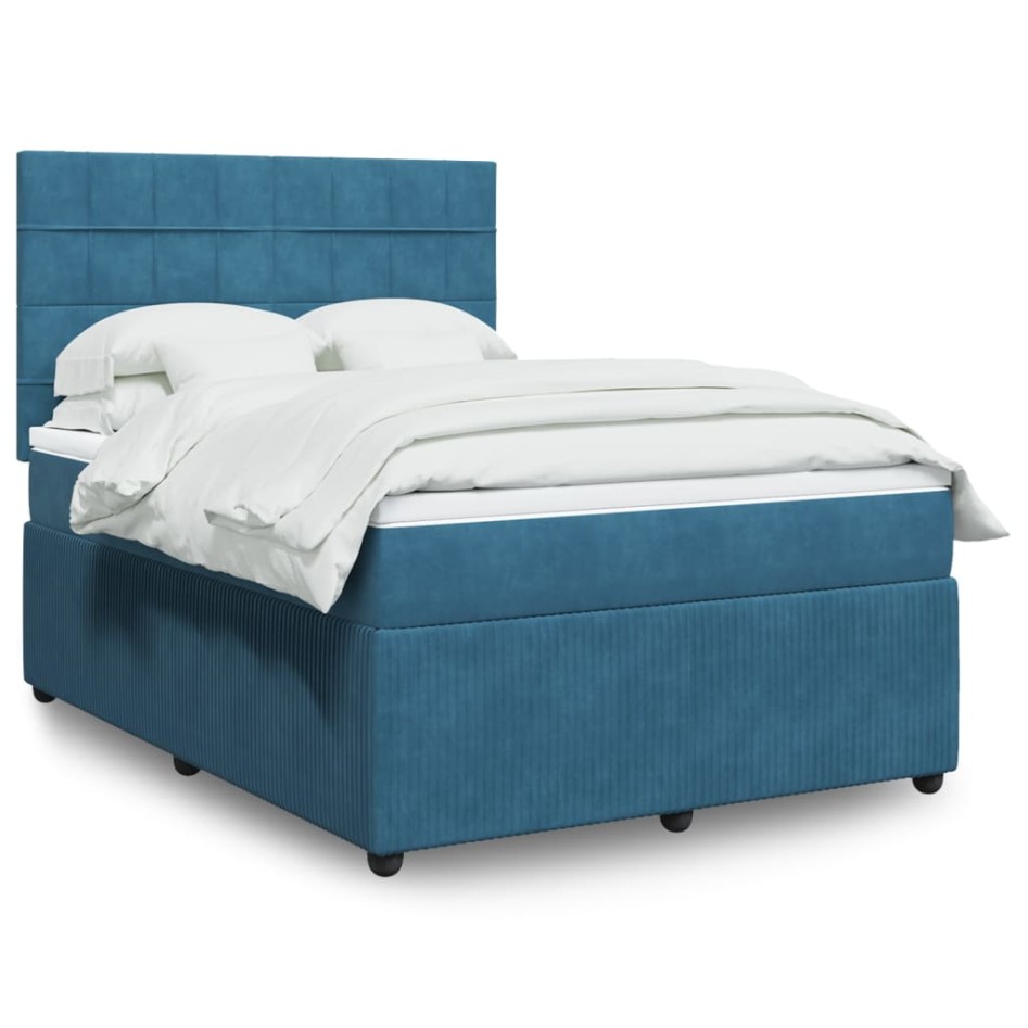 Cama box spring con colchón terciopelo azul oscuro 140x190
