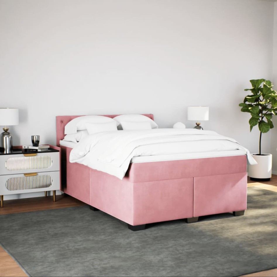 Cama box spring con colchón terciopelo rosa 140x190
