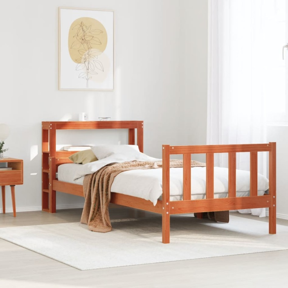 Estructura cama con cabecero madera pino marrón cera 90x190