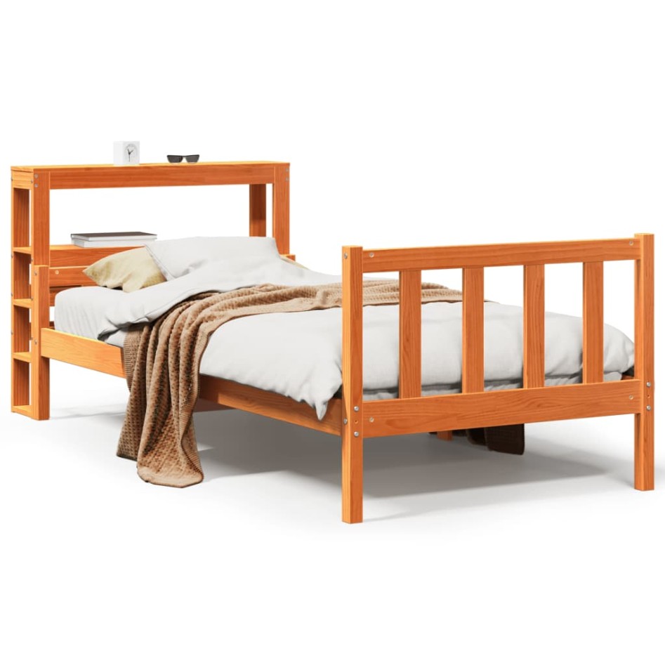 Estructura cama con cabecero madera pino marrón cera 90x190