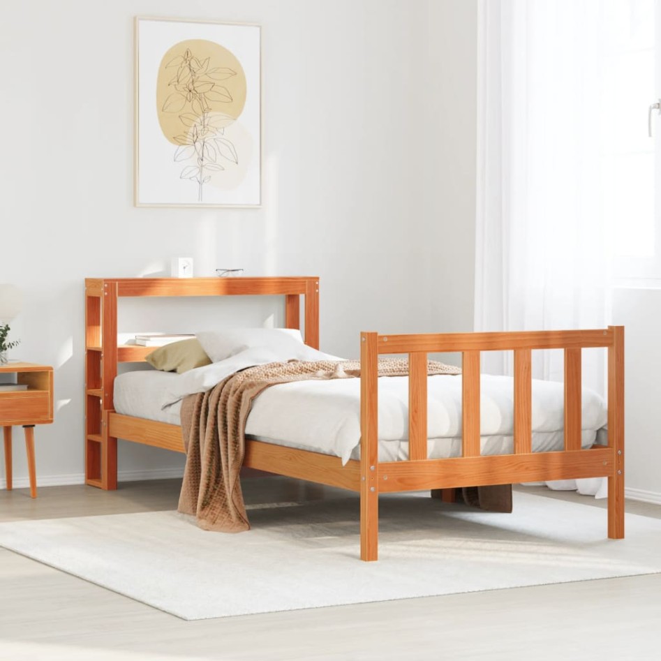 Estructura cama con cabecero madera pino marrón cera 100x200