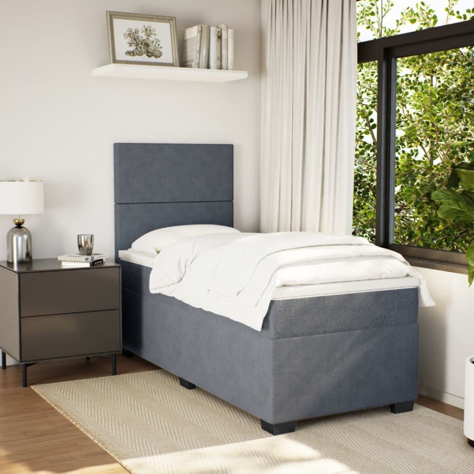 Cama box spring con colchón terciopelo gris oscuro 90x190