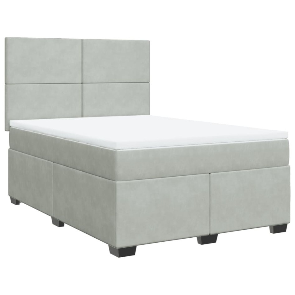 Cama box spring con colchón terciopelo gris claro 140x190