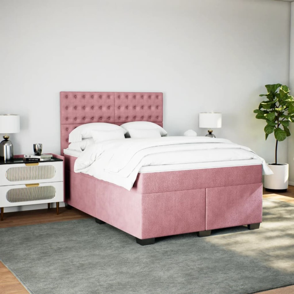 Cama box spring con colchón terciopelo rosa 140x190