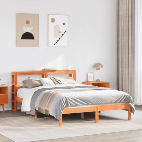 Estructura cama con cabecero madera pino marrón cera 160x200
